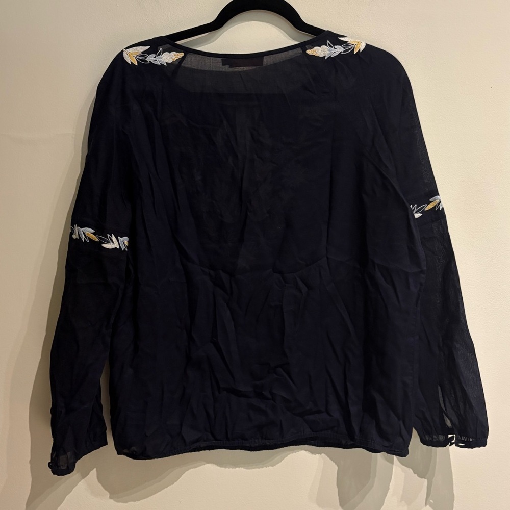 Tory Burch Cotton Poplin Split Neck Embroidered Peasant Top Navy Size 8 Boho - Picture 7 of 10